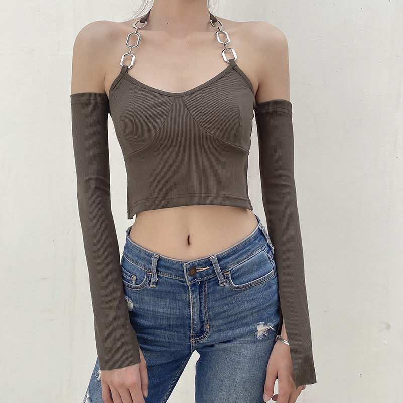 Rarove Solid Short T-shirt Women's Long Sleeve Chain Halter Open Back Crop Top Slim Fit Tank Top Y2K Spring Clothing