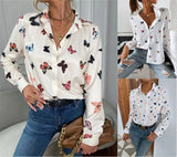 Rarove- Autumn Butterfly Shirt Women Button V-Neck Long Sleeves Female Stylish Lapel Blouses OL Slim Fit Tops