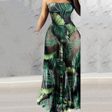 Rarove Fashion Women Mesh Maxi Dress Robes Beachwear Off Shoulder Leaf Print Tube See-Through Pleated Long Party Club Dress