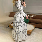 Rarove Women Maxi Dress Face Face Abstract Line Print Long Sleeve V Neck Elegant Casual Style Long Skirt
