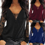 Rarove- Black Lace Perspective Long Sleeve Blouse Female Sexy Deep V Neck Tops women Spring Autumn Pullover T Shirt Clothes