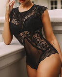 Rarove Back to School Women Sexy Black Lace Bodysuits Rompers Lace  Mesh Splicing Bodysuit