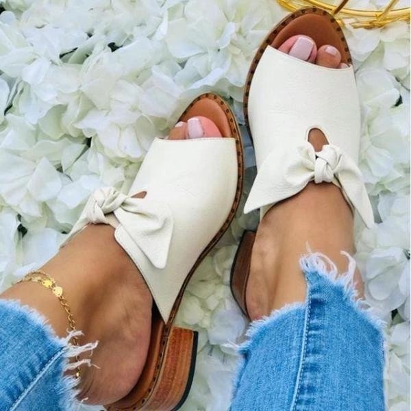 Rarove Women Slippers Fashion Butterfly Knot Casual Flat Sandals Peep Toe Solid Color Non-Slip Ladies Slides Plus Size Female Shoe