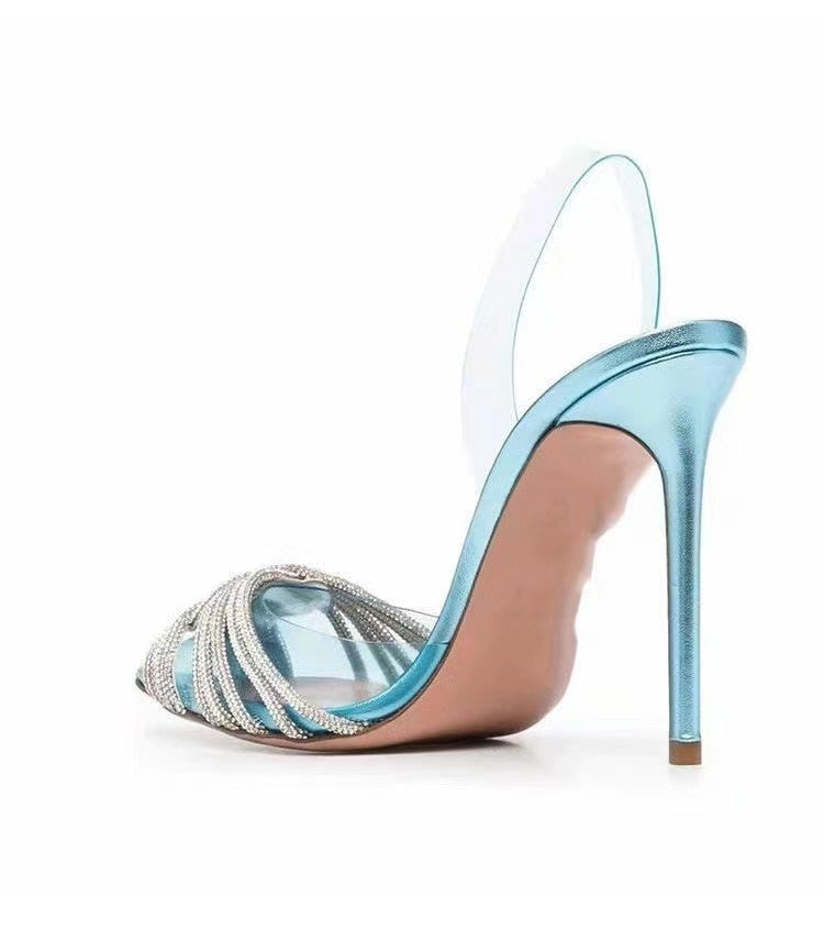 Rarove Back to School Rhinestones Pointed Toe Women Sandals New Female Transparent Thin High Party Shoes Ladies Sexy Pu Leather Shallow Footwear 2022