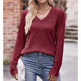 Rarove- Autumn Stripe Top Women's V-Neck Long Sleeve Solid Knitted T Shirt Lady Casual Loose Pullover Clothing