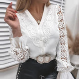 Rarove Autumn Sexy Lace Patchwork Hollow Out Shirt Fashion White Vintage Long Sleeve Tops Button Mesh Crochet Lace Blouse Women Blusas
