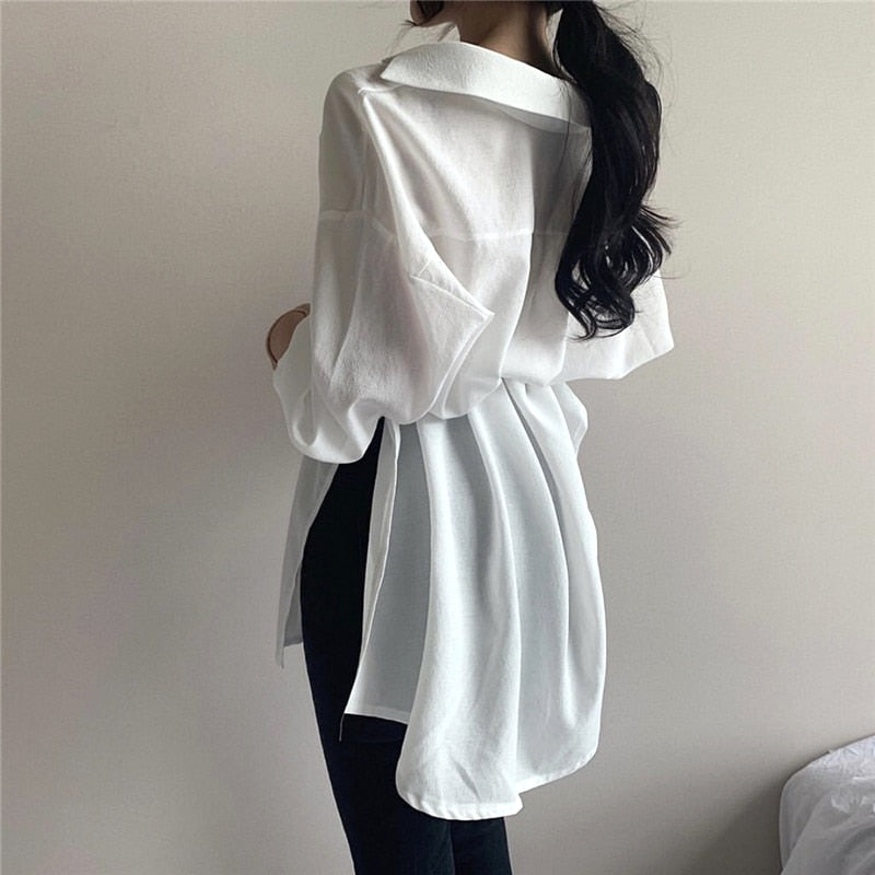 Rarove 2023 Spring Long Sleeve V-Neck Cardigan Button Up Shirt Casual Lace-Up White Blouse Irregular Korean Style White Tops For Women