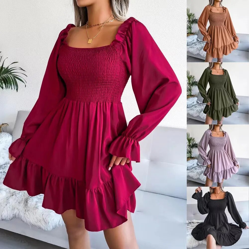 Rarove- Vintage Square Neck Mini Skirt Women Solid Color Long Sleeve Dress Young Girl Autumn A Line Party Dresses
