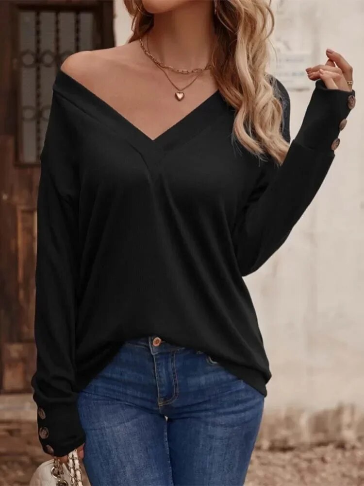 Rarove- 8 Colors Basic Pullover Women Casual V Neck Long Sleeve Tops Lady 2023 Spring Autumn Thin Blouse Clothes