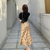 Rarove Thanksgiving Silk Satin High-Waisted Skirt For Women Summer Elegant Dot Printing Long Skirts Female Korean Office A-Line Skirts 2022