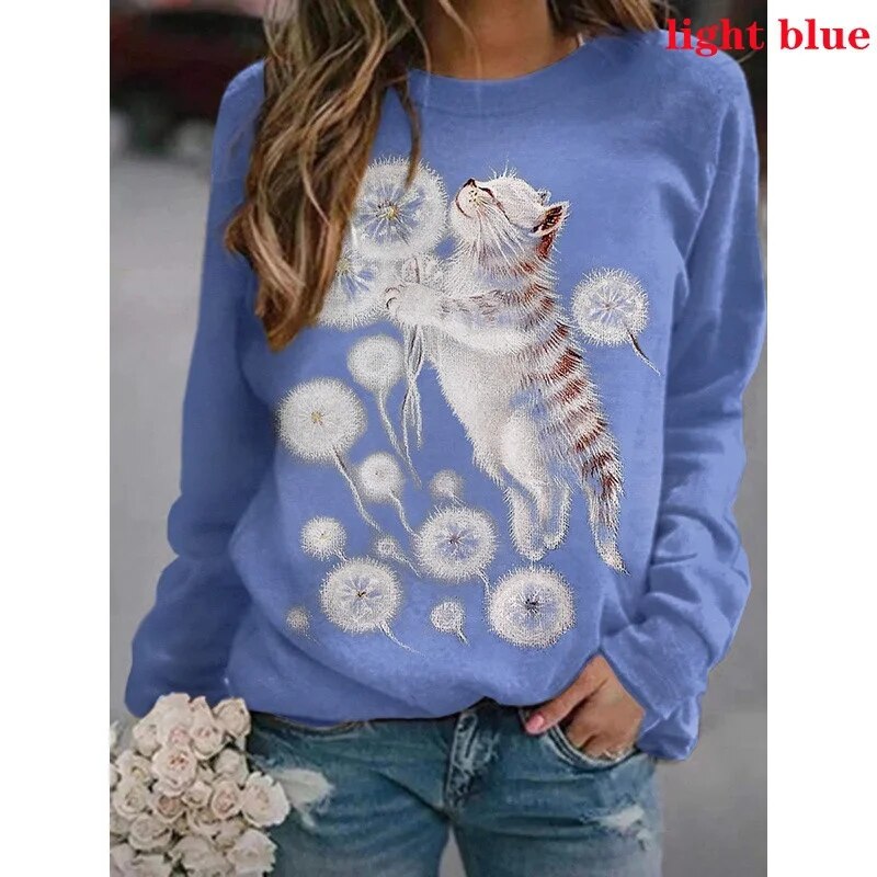 Rarove- Cartoon Cat T-Shirt Women Long Sleeve Round Neck Top Y2K Clothing Spring Autumn Casual Graphics Large Size Tee