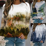 Rarove- Art Graphics T Shirt Women Loose Long Sleeve Sports Sweatshirt Female Natural Scenery Printed Tops Autumn Clothing