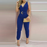 Rarove Back to School Women Fashion Elegant Sleeveless Partywear Jumpsuits Formal Office Lady Workwear Casual V Neck Belted Jumpsuit