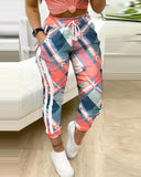 Rarove Back to School Women Fashion Casual Pants Trousers  Colorblock Plaid Print Cargo Pants Autumn Fashion Pocket Design Drawstring Casual Pants