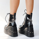 RAROVE Halloween Platform Metal Chain Shoeslace High Wedges Ankle Boots For Women Zip Short Gothic Style Black Rivet Autumn Winter Shoes