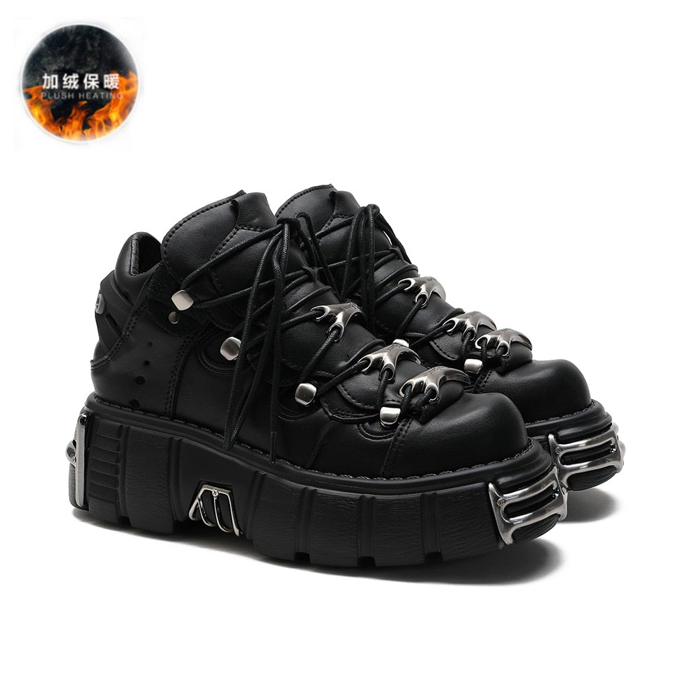 RAROVE Halloween Women's Punk Style Leather Shoes Lace-Up Heel Height 6CM Platform Female Gothic Ankle Boots PU Metal Decor Thick Bottom Sneakers