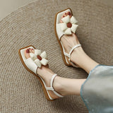 Rarove Womens Square Peep Toe 3D Flowers Sandals Flats Japanese Harajuku Girls Lolita Shoes Summer New 2022