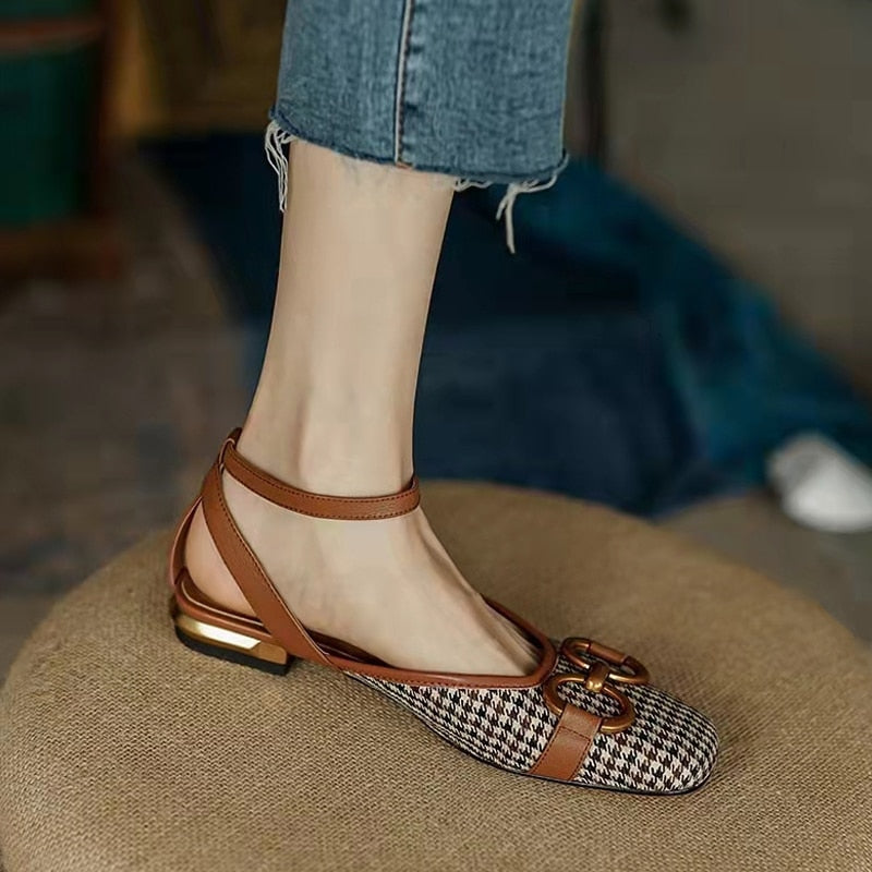 Rarove New French Retro Ladies Flats Korean Style One Line Buckle Female Sandals Fashionable Plaid Thick Heel Women's Shoes