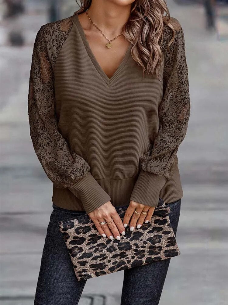 Rarove- Women Solid Lace Patchwork Tops V-Neck Long Sleeve See-Through T-Shirt Spring Autumn Female Casual Pullover