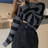 RAROVE Korean Style Striped Cropped Sweater Women Vintage Oversize Knit Jumper Female Autumn Long Sleeve O-Neck Pullovers Tops