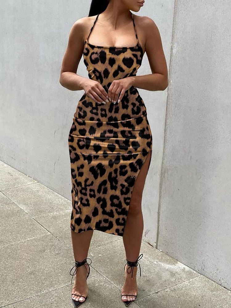 Rarove Back to School Women Fashion Leopard Print Bodycon Midi Dress Female Slim Fit Sleeveless Halter Slim Fit Party Club Dress