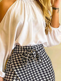 Rarove Autumn outfits Fashion Women Two Piece Set Could Shoulder Long Sleeve  Top & Houndstooth Print Mini Skort Set