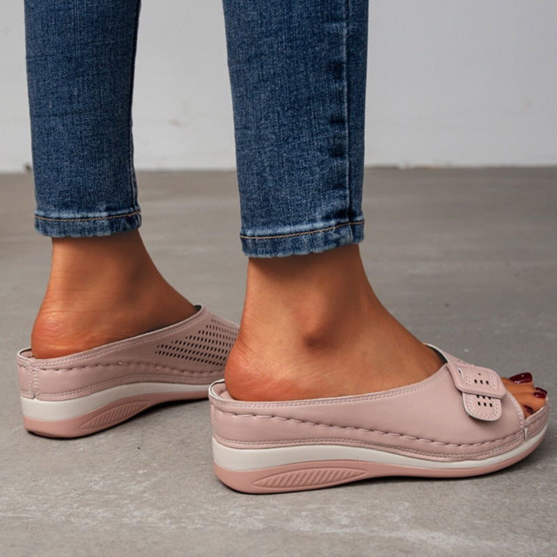 Rarove Back to school New Plus Size 43 Wedges Slippers Women Summer Buckle Peep Toe Sandals Woman Comfy Non Slip Beach Flip Flops Female
