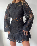 Rarove Fashion Clubwear Women Sexy Lace Mini Dress Female  Mini Crochet Hollow-Out  Lantern Sleeve Lady Party Dress