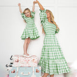 Rarove Mother and Daughter Clothes Plaid Print Long Skirt Square Neck Balloon Sleeve Ruffled Pleated Dress Mommy and Me Family Look