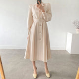 RAROVE Elegant Women Spring Notched Collar Suit  Single-Breasted Office Lady Full Sleeve High Waist Female Pleated Midi Dress