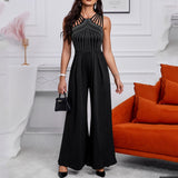 Rarove Back to School Women Fashion Elegant Sleevless Partywear Jumpsuits Formal Party Romper Studded Wide-Leg Party Jumpsuit