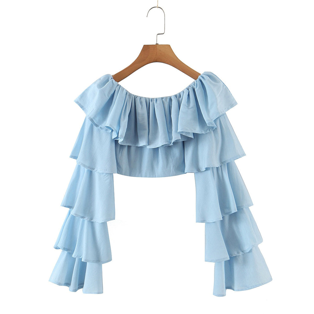 Rarove Summer Women Cascading Ruffled Long Flare Sleeve Cropped Blouses Ladies Square Collar Casual Slim Fit Shirts Blue White