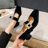 Rarove Back to school Elegant Velvet Mary Jane Shoes For Women Crystal Buckle Thick Heels Banquet Party Shoes Woman Square Toe Rhinestone Pumps