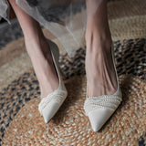 Rarove Beaded Pointed Ladies Shoes Pearl Banquet Party Fashion Women's Stiletto Shallow Mouth Mature Wedding Females High Heels