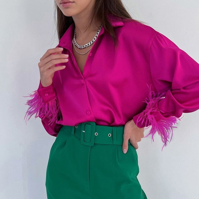 Rarove Feather Cuffs Elegant Women Shirts 2023 Satin Spring Fashion Button Down Blouse Long Sleeves Loose Turndown Collar Tops