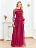 Rarove Elegant Burgundy Chiffon Long Sleeves Evening Dress 2023 Women Tulle Formal Wedding Party Maxi Dress A-line Prom