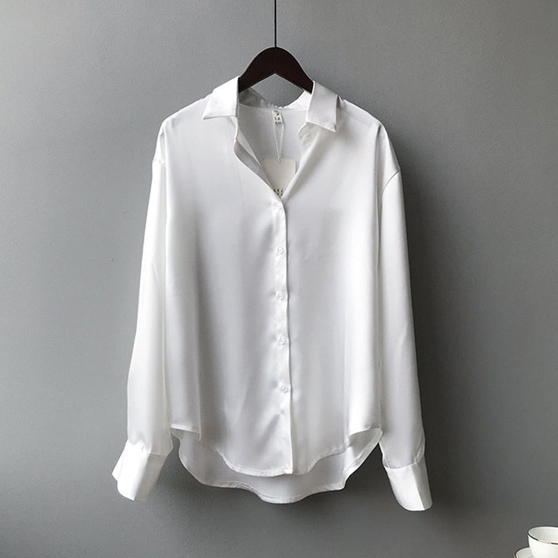 Rarove Thanksgiving Autumn Fashion Button Up Satin Silk Shirt Vintage Blouse Women White Lady Long Sleeves Female Loose Street Shirts 11355