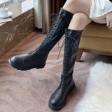Rarove Back to school 2022 Black Lace Up Knee High Boots Women Fashion Pu Leather Long Boots Woman Back Zipper Platform Knight Boots Female