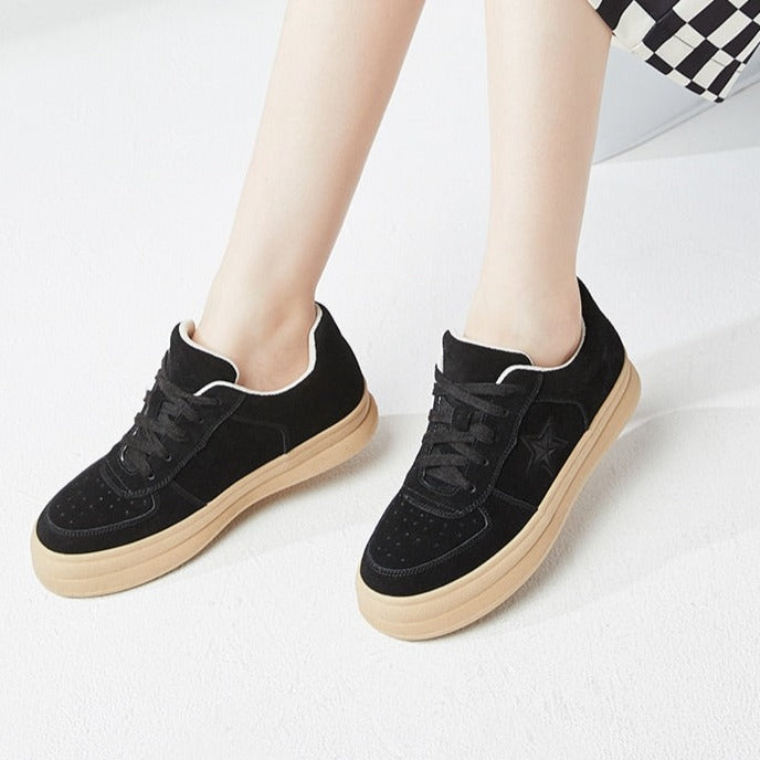 Rarove Women Casual Shoes Flat Star Pattern Lace-Up Shoes Cow Suede Solid Color Sneakers Female