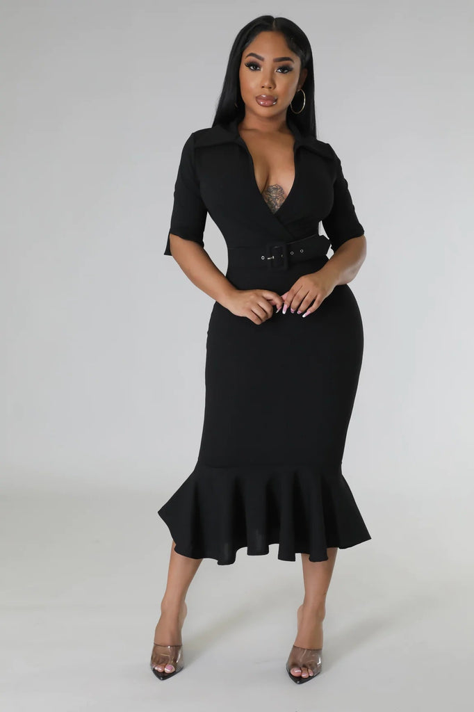 Rarove Women's Formal Dress POLP Collar Elegant Ruffle trim Women's Fashion Casual Belt  Evening Dress For Women 2023