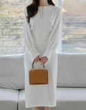RAROVE Women Chic Design Midi Dress Elegant Casual Office Lady High Wasit Fashion Slim Long Sleeve Slit Dress