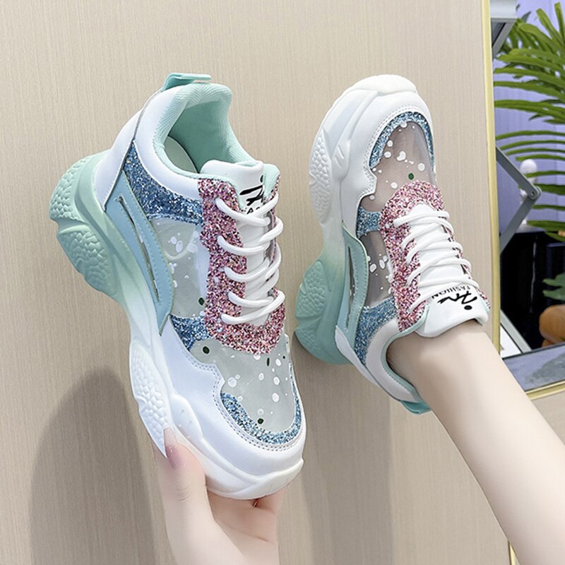 Rarove Mix Color Sequin Platform Sneakers For Women Thick Bottom Hidden Heels Casual Shoes Woman Summer Mesh Breathable Chunky Sneakers