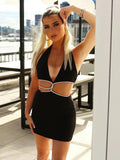 Rarove  Black Sexy Halter Cut Out Mini Dress For Women Summer Rave Festival Outfits Straps Sexy V Neck Skinny Wrap Dresses