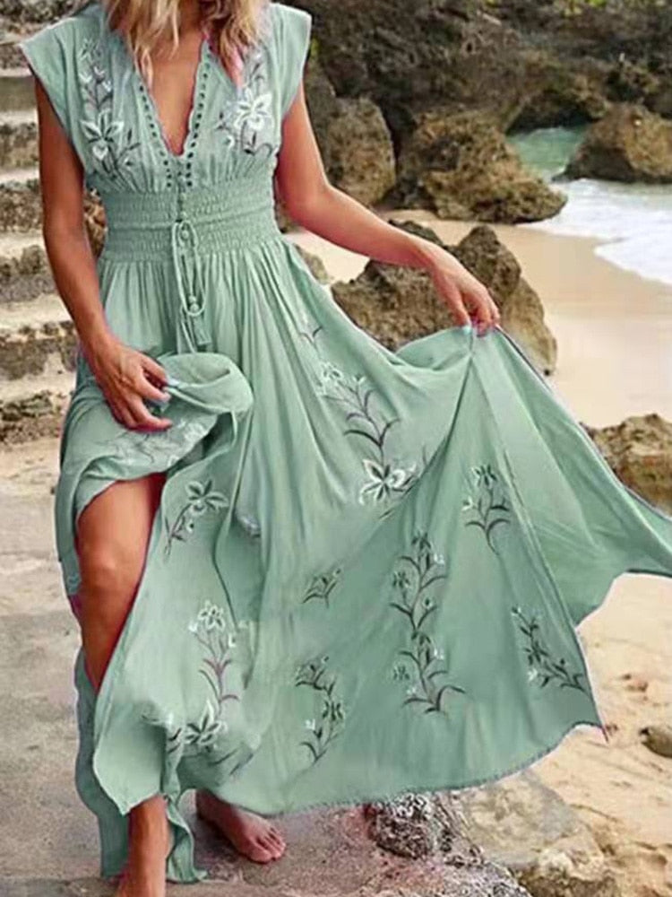 Rarove Summer Maxi Dress Women Elegant Vintage Sleeveless V Neck Floral Print Large Hem Long Polyester Dress For Party Dating Daily