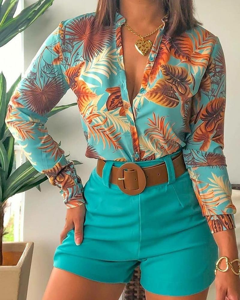 Rarove Women Long Sleeve Floral Printed Tie Knot Top Blouse And Shorts Sets Casual Spring Shirts Female