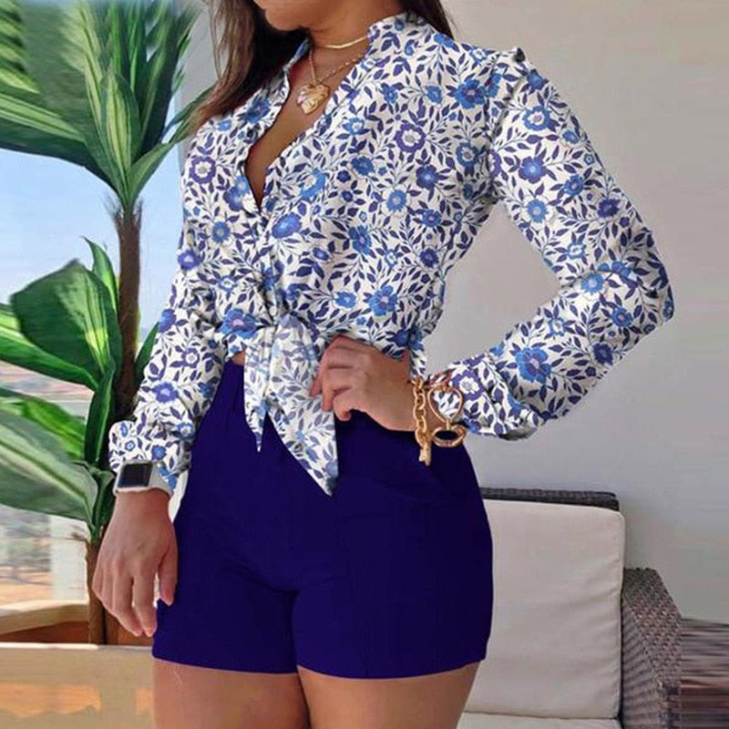 Rarove Women Long Sleeve Floral Printed Tie Knot Top Blouse And Shorts Sets Casual Spring Shirts Female