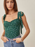 Rarove Summer Women Camisole French Style Floral Print Crop Top Folk Lace Up Green Elastic Tank Top