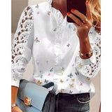 Rarove Autumn outfits Women Elegant Fashion Butterfly Print Blouses Top Ruffled Trim  Casual Long Lace Sleeve Blouse