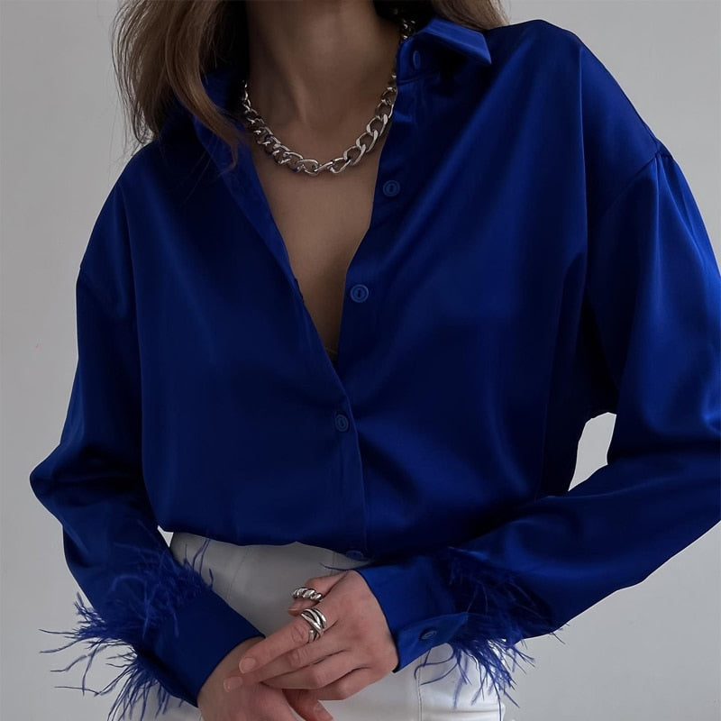 Rarove Feather Cuffs Elegant Women Shirts 2023 Satin Spring Fashion Button Down Blouse Long Sleeves Loose Turndown Collar Tops