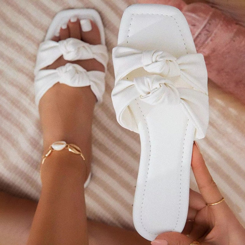 Rarove 2022 New Women's Slippers Summer Bow Square Toe Shoes Twist Strap Ladies Flat Sandals Outdoor Beach Casual Comfy Female Slides
